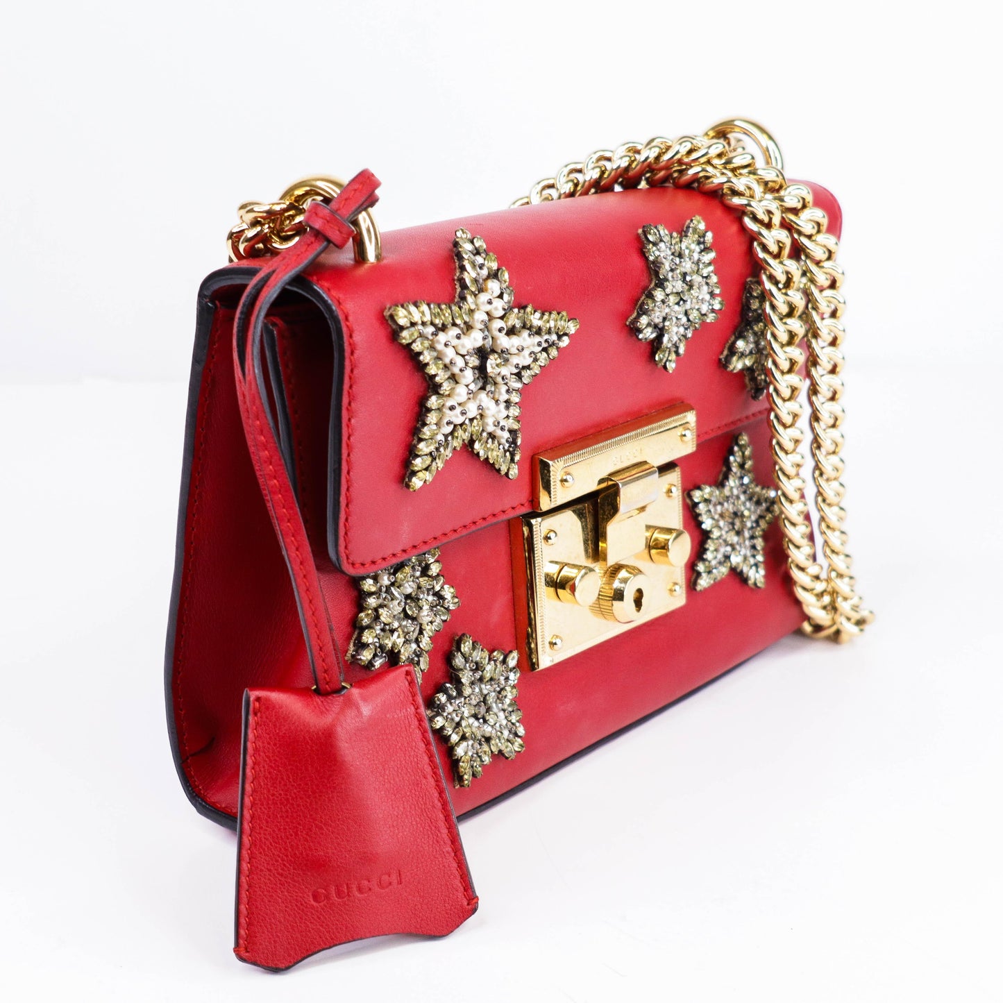 Gucci Limited Edition Red Leather Crystal Star Small Padlock Shoulder Bag