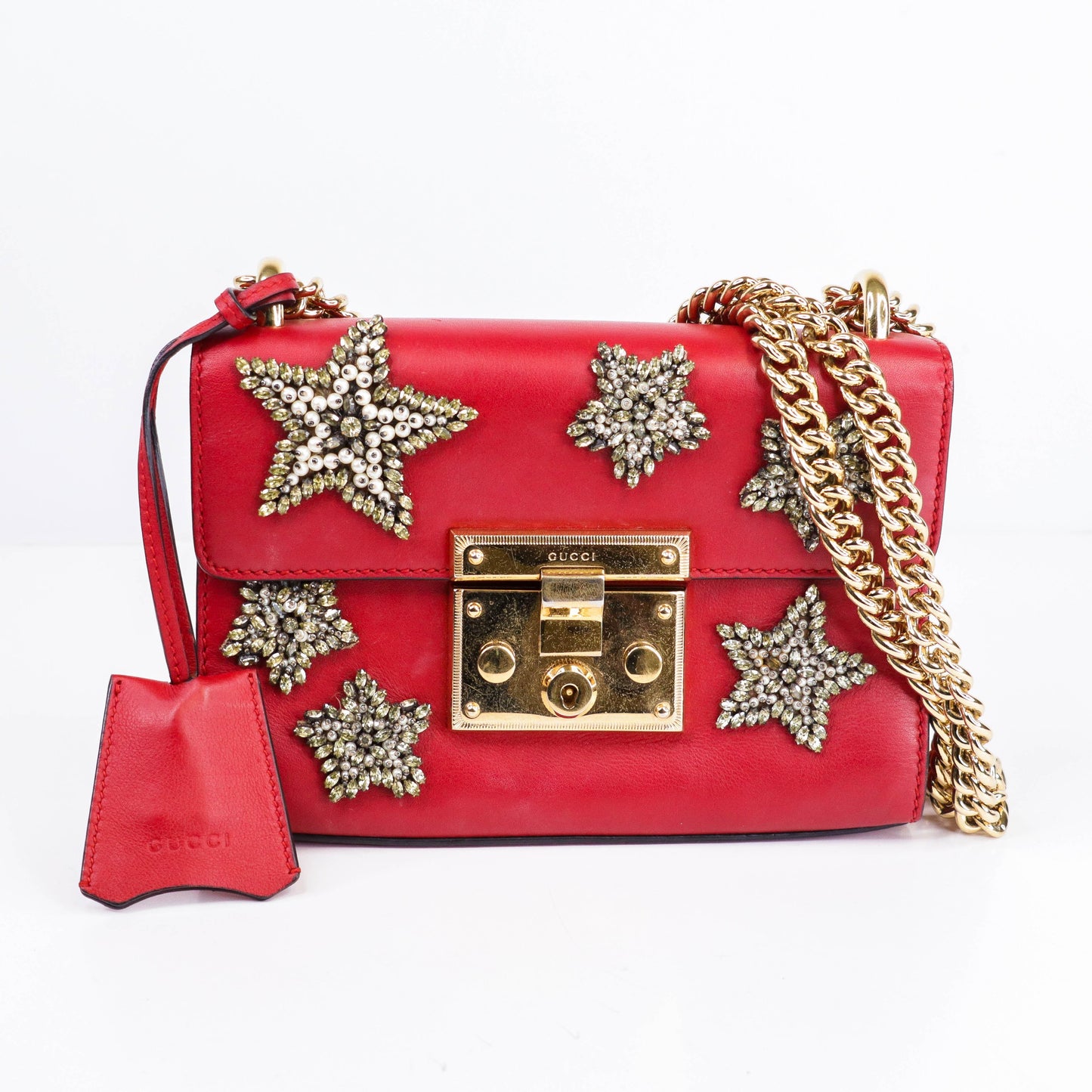 Gucci Limited Edition Red Leather Crystal Star Small Padlock Shoulder Bag