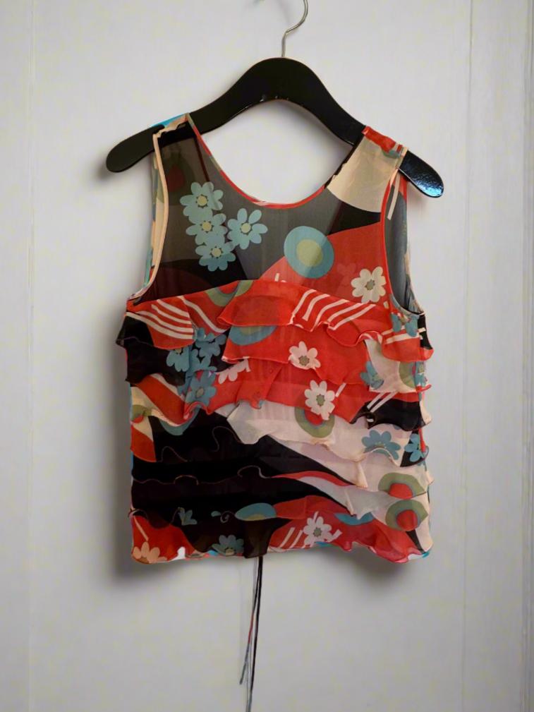 Printed Tiered Silk Tie-Back Top