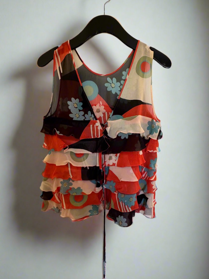 Printed Tiered Silk Tie-Back Top
